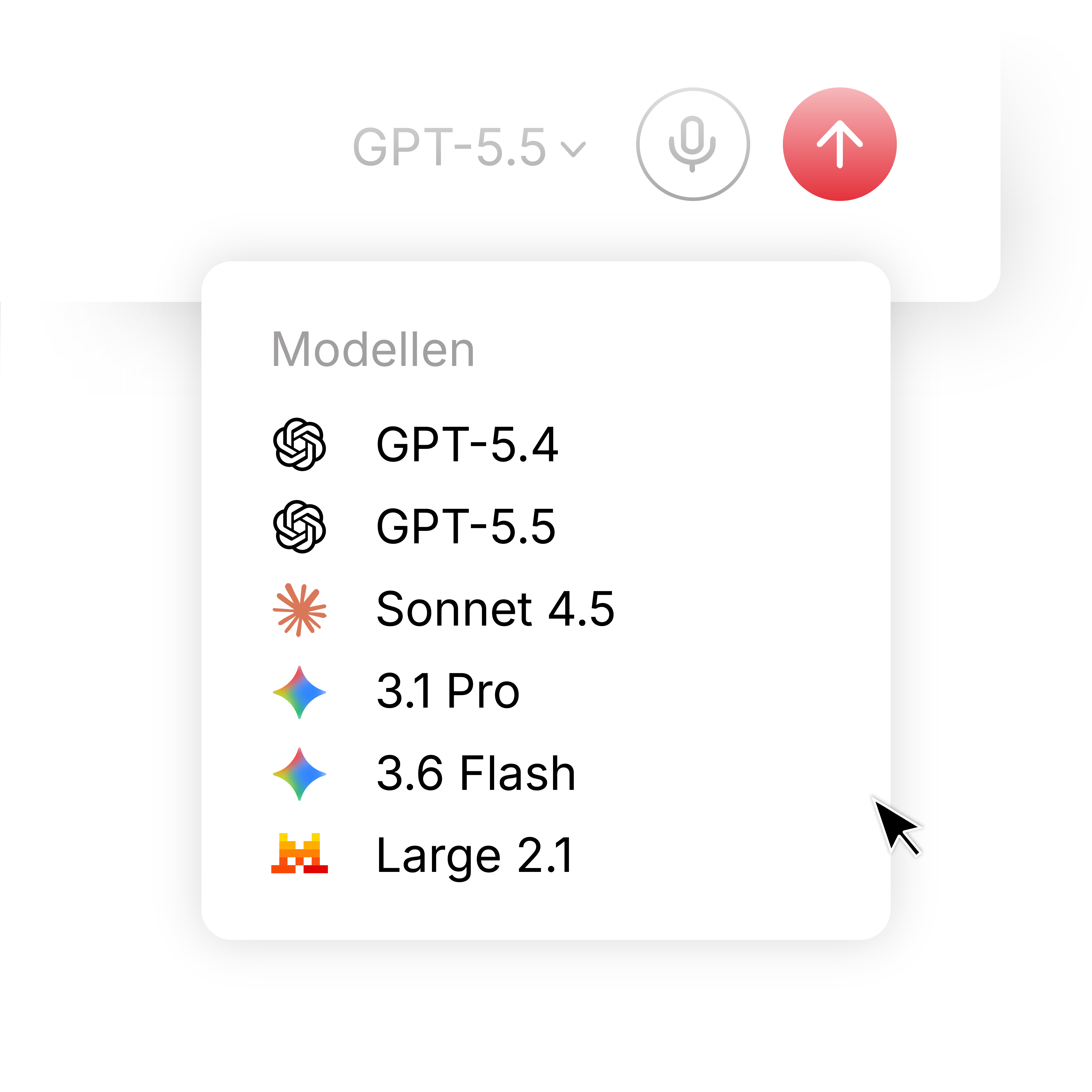 Modelkiezer in AIStudio met GPT-5.4 en 5.5, Sonnet 4.5, Gemini 3.1 Pro en 3.6 Flash, en Mistral Large 2.1